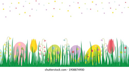 Easter eggs in bright green grass with tulips and lilies of the valley. Seamless colored horizontal vector pattern in flat style.
