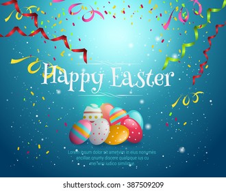 easter eggs and  bright stars on dark blue background vector illustration with space for copy text