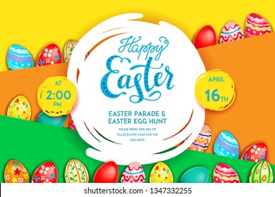 Afiche amarillo brillante con huevos de Pascua. Plantilla de vacaciones de Semana Santa para tarjeta de diseño, pancarta, boleto, volante, afiche, etc. Afiche feliz de Pascua.