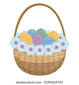 Easter eggs in a brown basket with flowers