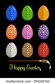 Easter eggs and brush for coloring eggs. Easter eggs icons flat modern style isolated on black background