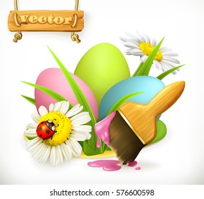 Easter eggs and brush with paint 3d vector icon
