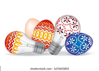 Easter Eggs and Easter Bulbs.
illustration of easterly decorated light bulbs and eggs.Isolated on white background. Vector available.