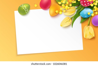 Easter eggs, bunch of yellow tulips and mimosa branch on yellow background. Beautiful spring background with place for text. Vetor illustration