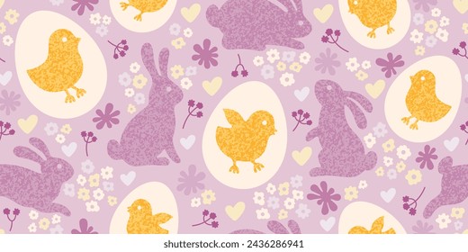 Huevos de Pascua, conejos y gallinas sobre fondo floral. Patrón sin costuras de primavera con conejos, flores y pollos en huevos. Patrón de Pascua con siluetas de animales y aves, ilustración vectorial