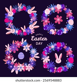 Easter eggs and bunnies floral wreaths collection.Vignette frame Illustrations with spring flowers for Happy Easter design.Abstract bunny with flowers and eggs for banners, message.Vector illustration