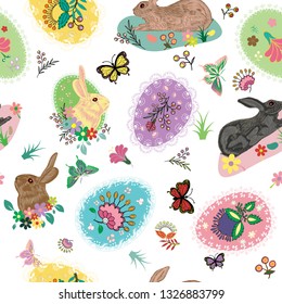 Easter Eggs Bunnies Flowers and Butterflies with Lace Borders