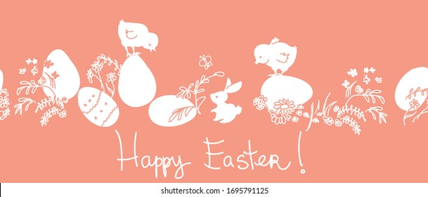 Easter eggs, bunnies, flowers, chickens, butterflies. Horizontal seamless pattern. Cute background, great for Easter Cards, banner, textiles, wallpapers. Vector design