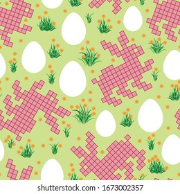 Easter eggs, bunnies, grass and flowers vector seamless pattern for textile, decor and packaging
