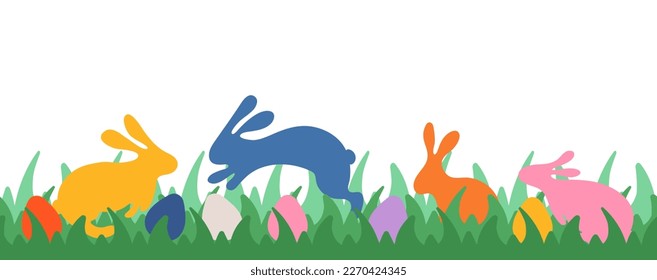 Easter eggs and bunnies in grass seamless border. Easter hunt concept with rabbit silhouettes. Simple childish green lawn. Flat style vector illustration isolated on white