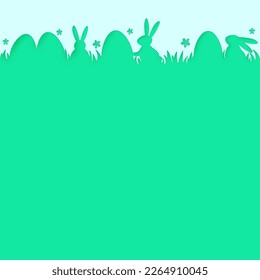 Easter eggs and bunnies on blue background. Paper cut design with copyspace. Vector illustration