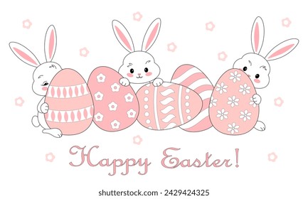 Easter eggs and bunnies peeking out from behind them, Easter celebration, vector illustration, card, decoration.