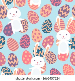 Easter eggs and bunnies seamless pattern. Repetitive vector illustration on light blue background. EPS 10.