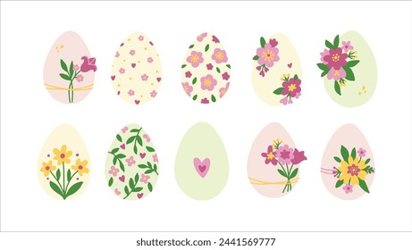 Huevos de Pascua y conejitos. Conjunto de ilustraciones modernas simples vectoriales en estilo plano. Huevos de Pascua de colores y conejos con flores de primavera