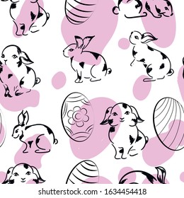 Easter eggs and bunnies vector seamless pattern with pink smears on white background . Concept for print, textile, wallpaper , wrapping paper