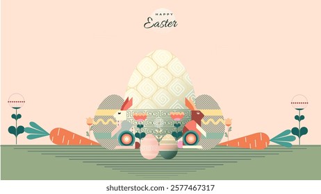 Easter eggs bunny background design in minimalist themed illustration with bunnies, decorated eggs, carrots, and abstract flowers. Perfect for greeting cards, posters, or spring holiday decorations,