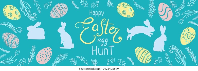 easter eggs, bunny banner.  Happy Easter egg hunt for poster, cover, postcard, banner, Restaurant, cafe menu, holiday decoration, greeting card, web banners, packages