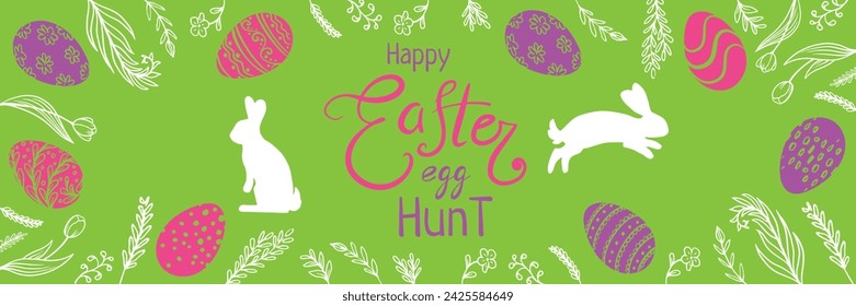 easter eggs, bunny banner.  Happy Easter egg hunt for poster, cover, postcard, banner, Restaurant, cafe menu, holiday decoration, greeting card, web banners, packages, Colored eggs, rabbits, grass