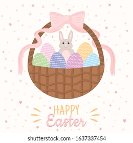Easter eggs, Easter Bunny in the basket. Colored eggs with ornaments in an basket with a ribbon. Vector illustration, cartoon flat style. Festive Easter greeting card, poster. happy Easter.