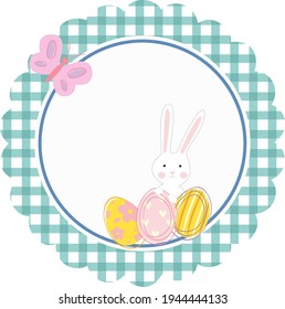 Easter eggs, a bunny and a butterfly on a round blue-white background. Easter card, template, banner