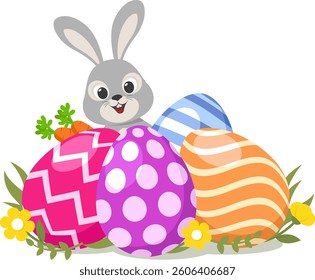Easter eggs and bunny with carrot close-up on a white background. Happy Easter