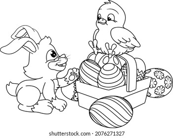 An Easter eggs bunny and chick coloring book cartoon black and white outline scene