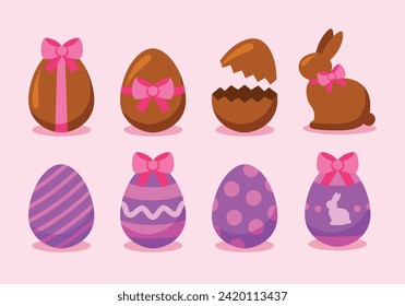 Huevos de Pascua, chocolate conejito. Dulce y colorida, con motivos decorativos aislados en un fondo rosa pastel. EPS de ilustración vectorial de dibujos animados.