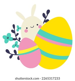 Easter eggs and Easter bunny cute illustration. Vector illustration for a greeting card, poster or social banner.
