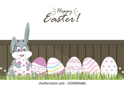 Easter eggs and easter bunny for decoration on fresh green grass and daisies flower on wooden background,vector illustration.