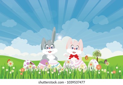 Easter eggs and easter bunny for decoration on fresh green grass against blue sky, Conceptual for Happy Easter ,vector illustration.