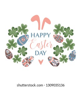 Easter eggs and bunny ears background. Happy Easter design template with eggs and clover leaves.