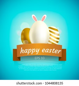 Easter eggs with bunny ears. Easter card. Golden eggs.