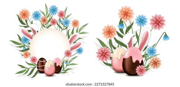 Ostereier, sonnige Ohren in Blumen. Osterdesign-Elemente für Grußkarten, Drucke, Banner usw.