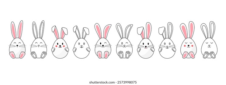 Easter eggs with bunny ears and foot. Bunny face line and flat design icon. Spring egg hunt, cute animal character isolated on white background. Vector illustration