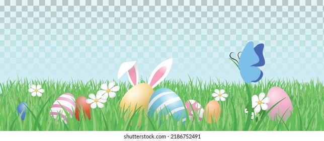 Easter eggs with bunny ears in a garden grass banner isolated vector. Springtime lawn grass with daisy flowers and butterfly.
