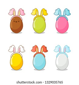 Easter eggs with bunny ears. Kawai style. Vector illustration. Set