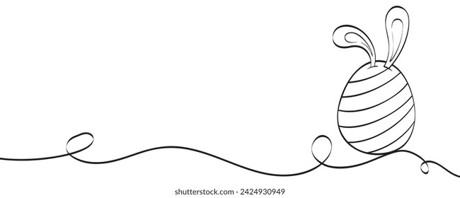 Easter eggs and bunny ears line art illustration. Line drawing on easter festive theme. modern minimal style, horizontal poster, greeting card, header for website. Vector illustration.