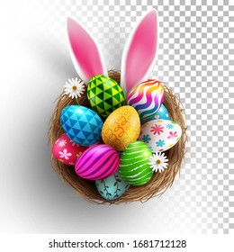 Easter eggs and Easter bunny ears in the nest on transparent background