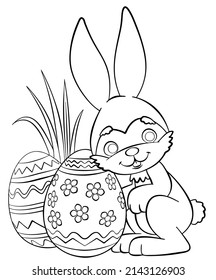 Easter eggs and bunny. Element for coloring page. Cartoon style.