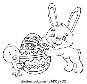 Easter eggs and bunny. Element for coloring page. Cartoon style.