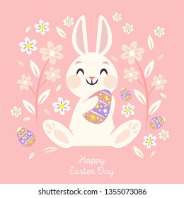 Easter eggs, Bunny and flowers wreath in flat style with place for your text. Vector illustration. Cute rabbit character. Happy easter. 