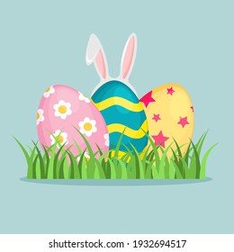 Easter eggs and bunny in the grass. Rabbit ears. Color egg set with different textures, patterns and colors. Spring holiday. Vector illustration isolated on blue background.
