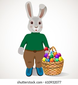 Easter eggs bunny hare rabbit hunter with Easter Wicker basket full of decorated Easter eggs  isolated on white background . happy easter hunt egg card .Vector illustration.