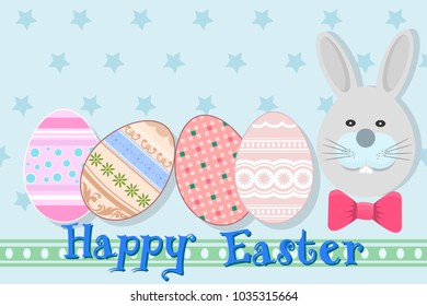 Easter eggs with bunny head on blue background.  Happy easter card vector design.