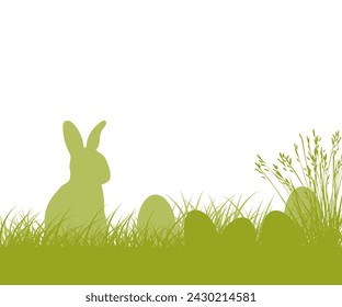 Easter eggs and bunny hiding in a green grass on the meadow with flowers and herbs. Easter bunny ears in the grass field. Egg hunting concert. Vector Easter background, banner, border, template,
