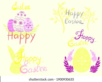 Easter eggs and bunny with the inscription Happy Easter. Several separate vector images.