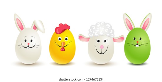 Easter eggs as bunny, lamb, chicken and bunny with ears, Vector illustration isolated on white background