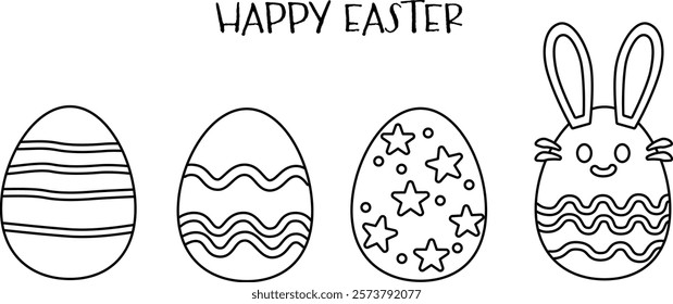 Easter eggs. Easter eggs with bunny. Line drawing. Outline. Happy Easter text. Vector Illustration.
