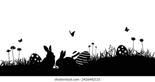 Easter eggs, easter bunny and meadow background material