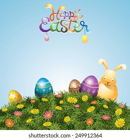 Easter Eggs and Bunny on Green Grass Hill